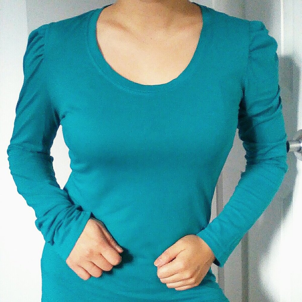 Teal Blue Ruched Puff Sleeve Top